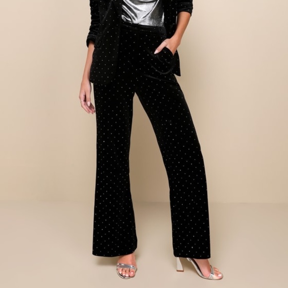 Lulus Glamorous Statement Black Velvet Studded Wide-leg Pants - Size M - Picture 1 of 1